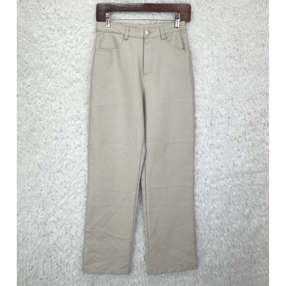Le Lis Collection Floral Embossed Faux Leather Pants XS Beige High Rise Chic